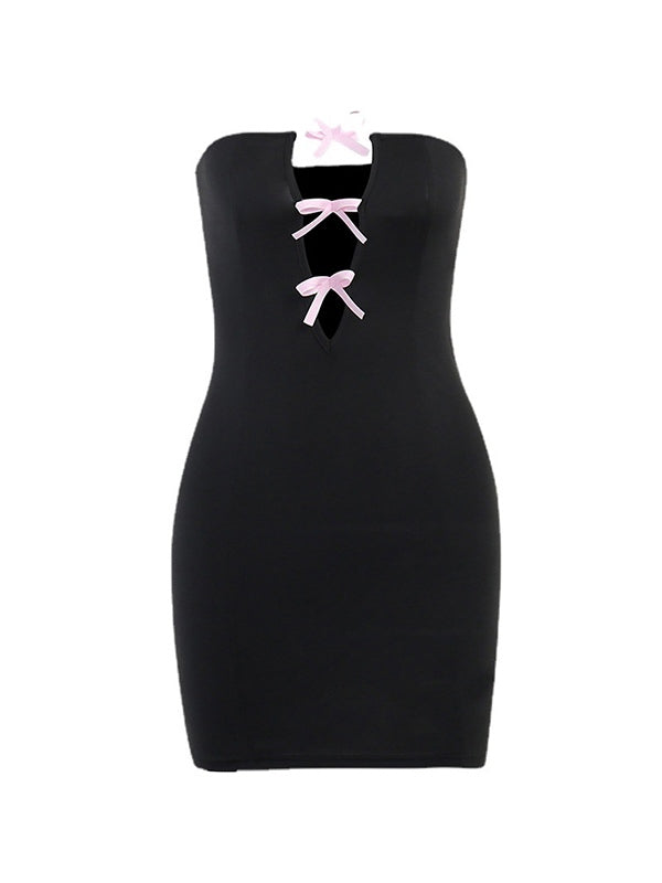 Bow Embellish Cutout Black Mini Dress