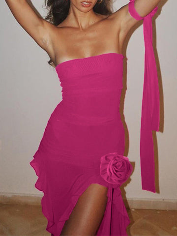 Vestido largo bandeau con volantes asimétricos