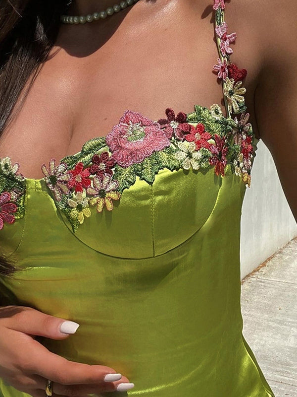 Embroidered Floral Green Satin Mini Dress