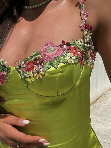 Embroidered Floral Green Satin Mini Dress