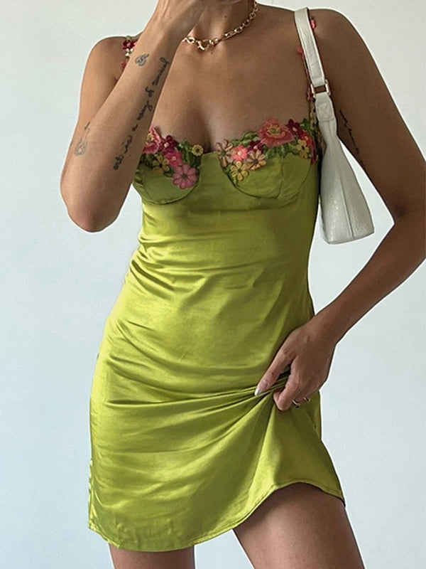 Embroidered Floral Green Satin Mini Dress