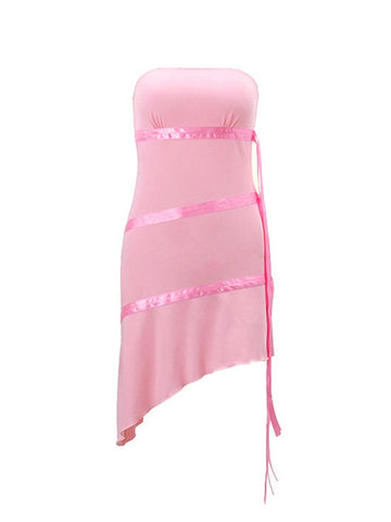 Vestido mini bandeau asimétrico con cintas adornadas