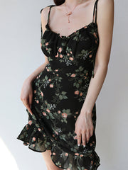Lace Up Floral Black Mini Dress