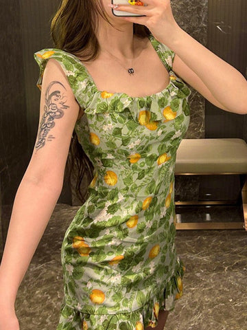 Vintage Ruffle Green Mini Dress