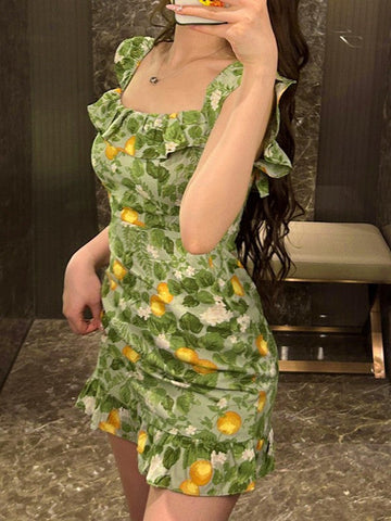 Minivestido verde vintage con volantes