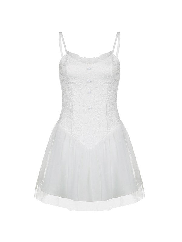 Jacquard Mesh Paneled White Mini Dress