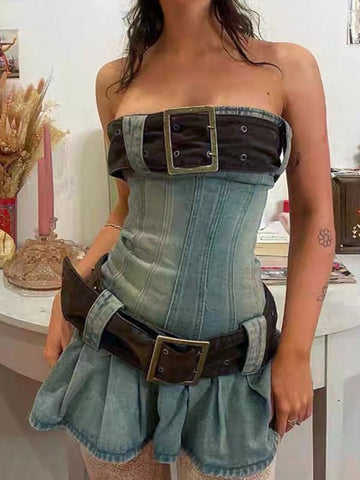 Chunky Belted Strapless Denim Mini Dress