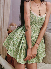 Tie Back Floral Green Mini Dress