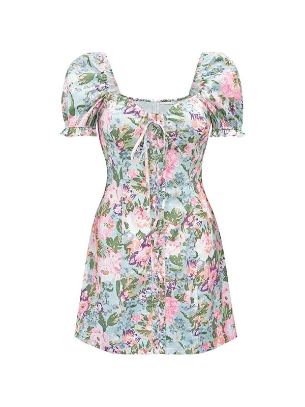 Tie Front Puff Sleeve Floral Mini Dress