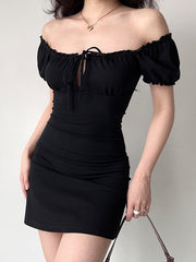 Tie Front Puff Sleeve Black Mini Dress