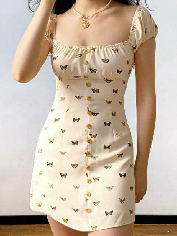 Puff Sleeve Butterfly Mini Dress