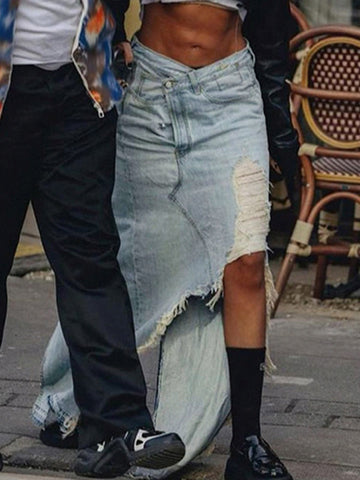 Cross Over Slit Distressed Denim Maxi Skirt