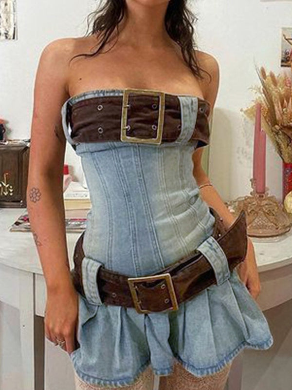 Buckle Belt Strapless Denim Mini Dress