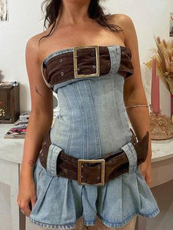 Buckle Belt Strapless Denim Mini Dress