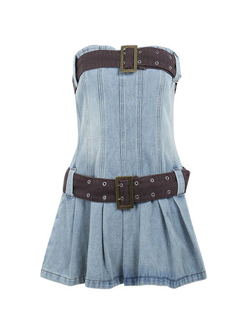 Buckle Belt Strapless Denim Mini Dress