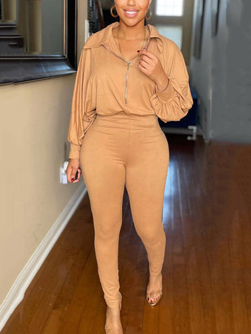 Zipper V Neck Jumpsuits