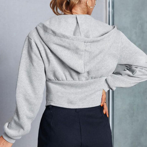 Long Sleeve Deep V Cropped Hoodie - Gray