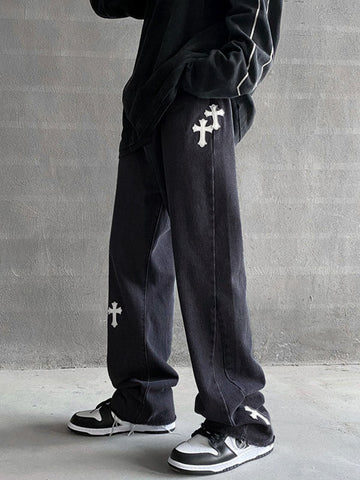 Herren Jeans mit verwaschenem Cross-Design und geradem Bein