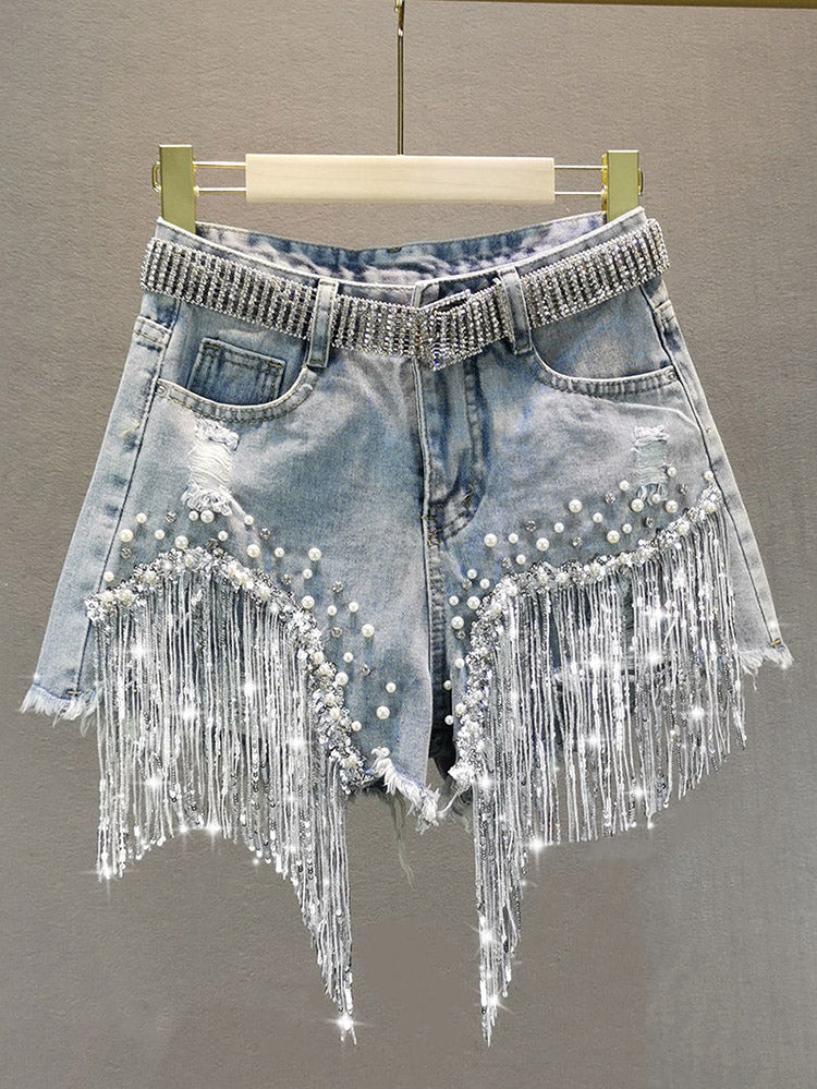 Shorts vaqueros con borlas de lentejuelas y perlas