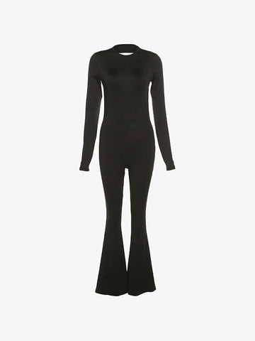 Backless Long Sleeve Flare Leg Jumpsuit