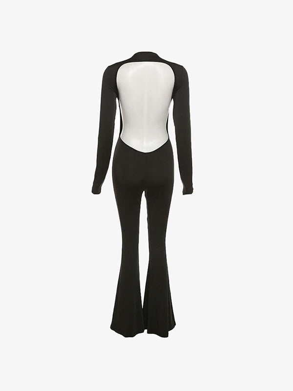 Backless Long Sleeve Flare Leg Jumpsuit