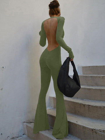 Backless Long Sleeve Flare Leg Jumpsuit