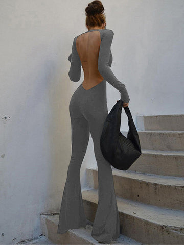 Backless Long Sleeve Flare Leg Jumpsuit