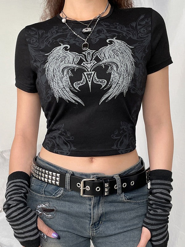 Rhinestone Decor Grunge Wing Printed Crop Top