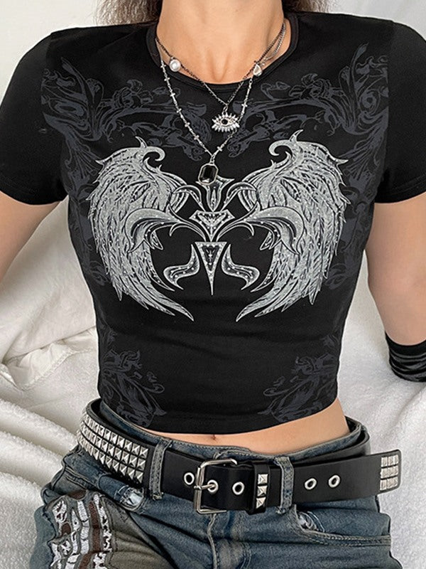 Rhinestone Decor Grunge Wing Printed Crop Top