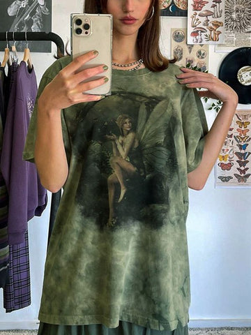 T-Shirt mit Grunge-Feen-Print und Batikmuster