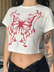 Butterfly Print White Crop Top