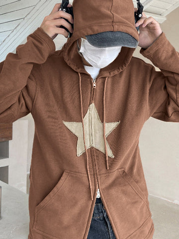 Vintage Star Patch Baggy Zip Up Hoodie