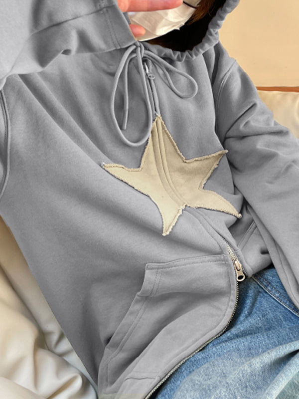 Sudadera holgada con cremallera y parche de estrella vintage