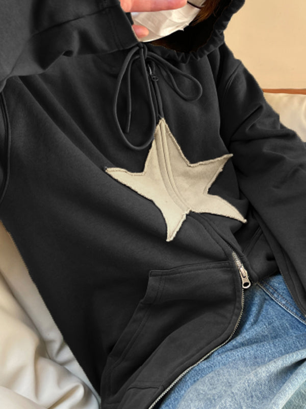 Sudadera holgada con cremallera y parche de estrella vintage