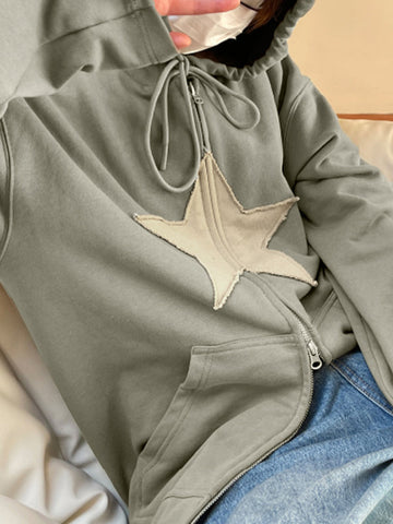 Sudadera holgada con cremallera y parche de estrella vintage