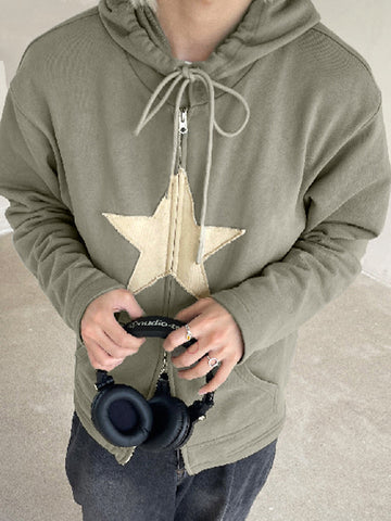 Vintage Star Patch Baggy Zip Up Hoodie