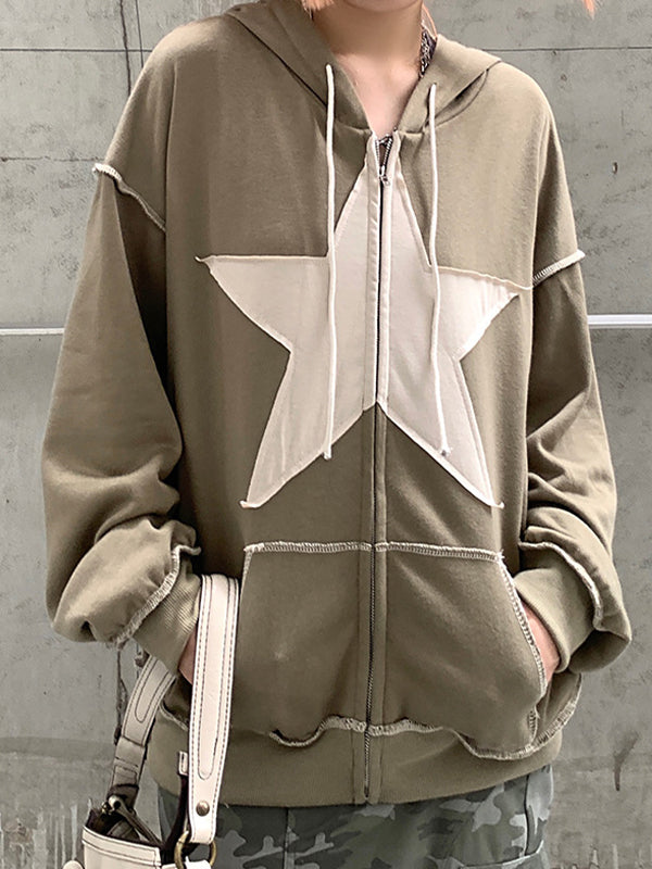 Vintage Star Patch Baggy Zip Up Hoodie