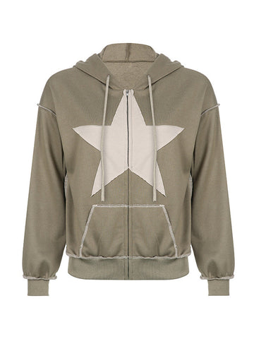 Vintage Star Patch Baggy Zip Up Hoodie