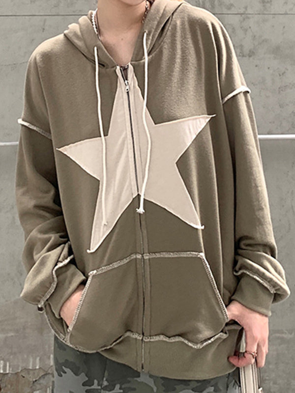 Vintage Star Patch Baggy Zip Up Hoodie