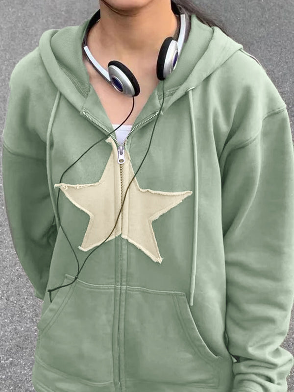 Vintage Star Patch Baggy Zip Up Hoodie