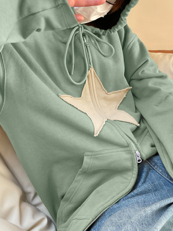 Sudadera holgada con cremallera y parche de estrella vintage