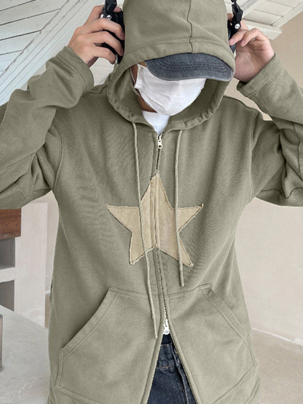 Sudadera holgada con cremallera y parche de estrella vintage