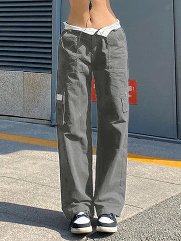 Pantalones rectos Y2K con cintura plegable