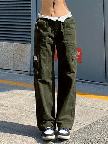 Pantalones rectos Y2K con cintura plegable