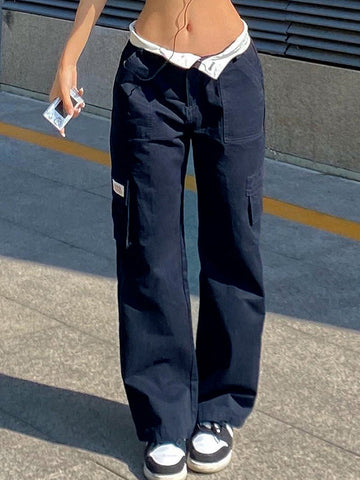 Pantalones rectos Y2K con cintura plegable