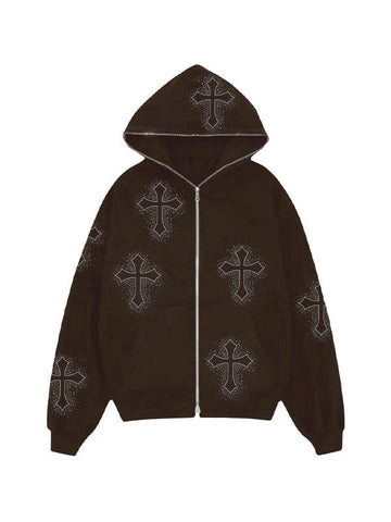 Rhinestone Cross Pattern Zip Up Hoodie