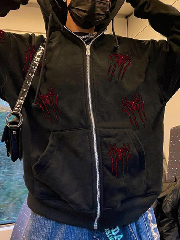 Rhinestone Cross Pattern Zip Up Hoodie