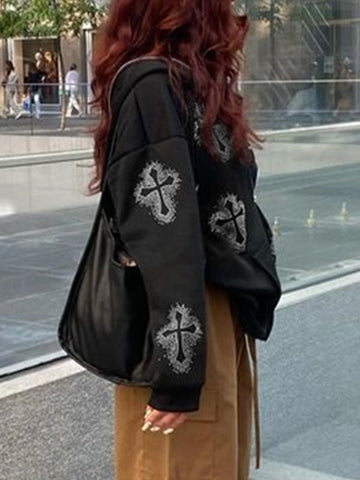 Rhinestone Cross Pattern Zip Up Hoodie