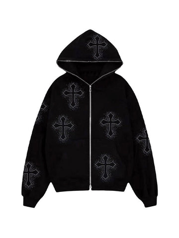 Rhinestone Cross Pattern Zip Up Hoodie