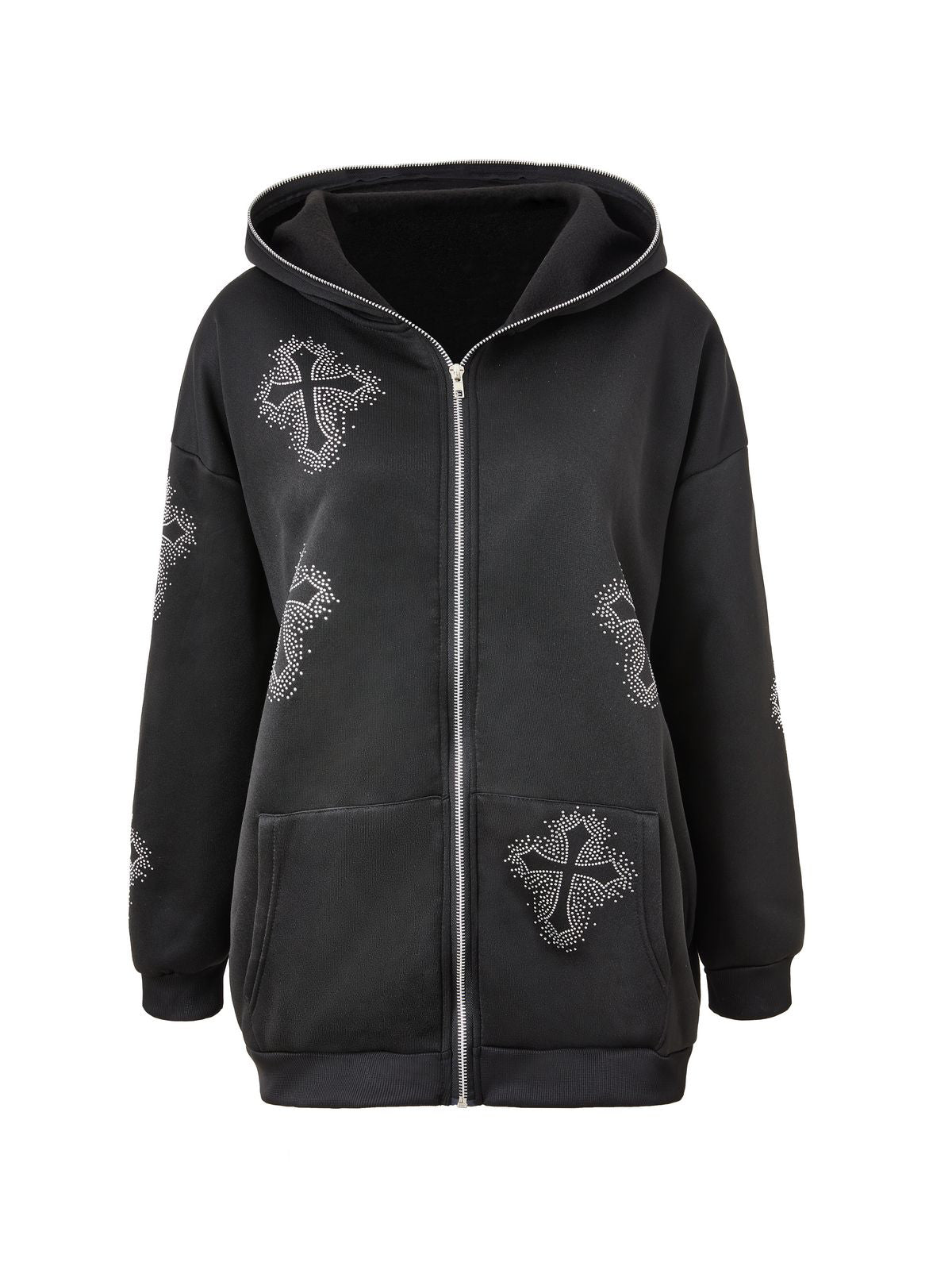 Rhinestone Cross Pattern Zip Up Hoodie